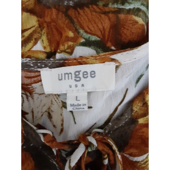 Umgee Cream & Orange Sunflower Floral Print Long Flare Sleeve Top Lace Neck L - Picture 6 of 8